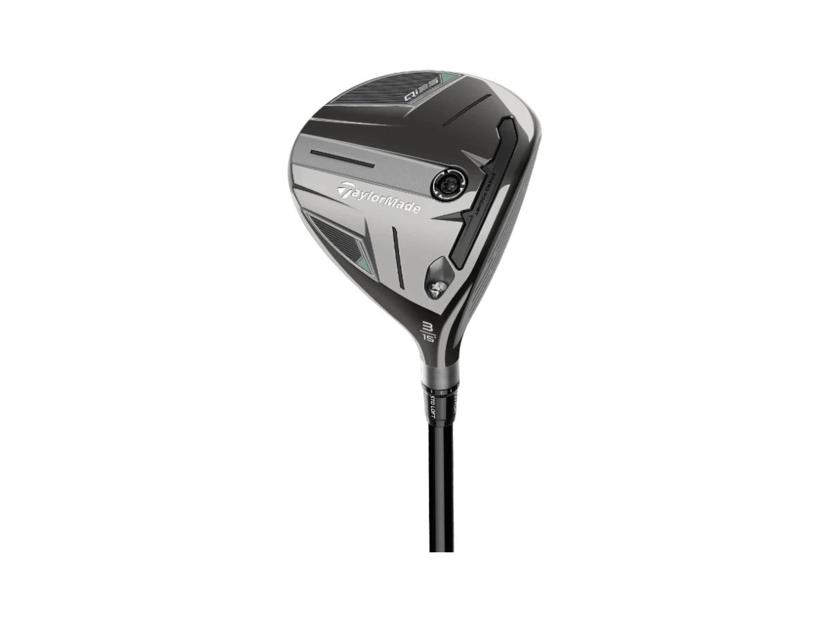 TaylorMade Qi35 fairwaywood, klubbhuvud sett underifrån med sulans modellmärkning
