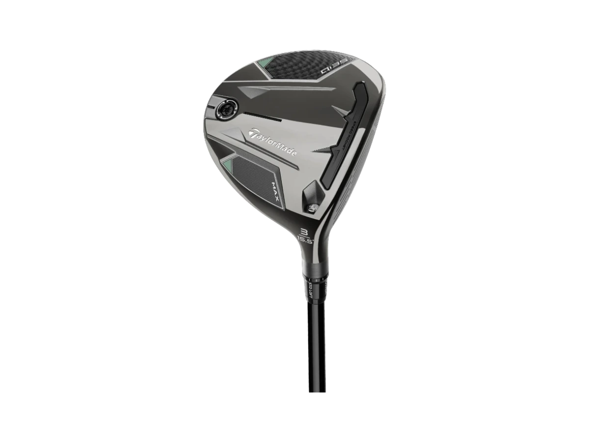 TaylorMade Qi35 Max fairwaywood, klubbhuvud sett underifrån med sulans modellmärkning