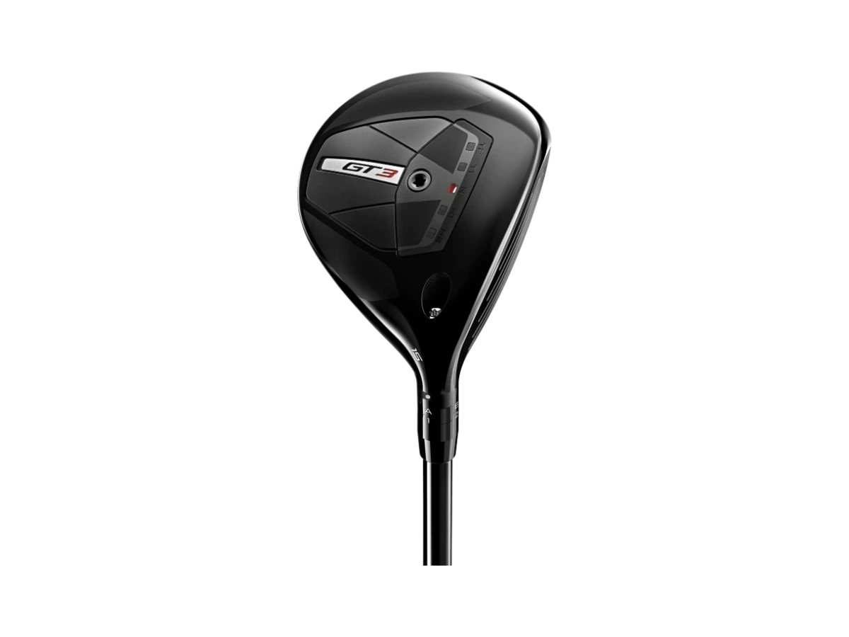 Titleist GT3 fairwaywood, klubbhuvud sett underifrån med sulans modellmärkning