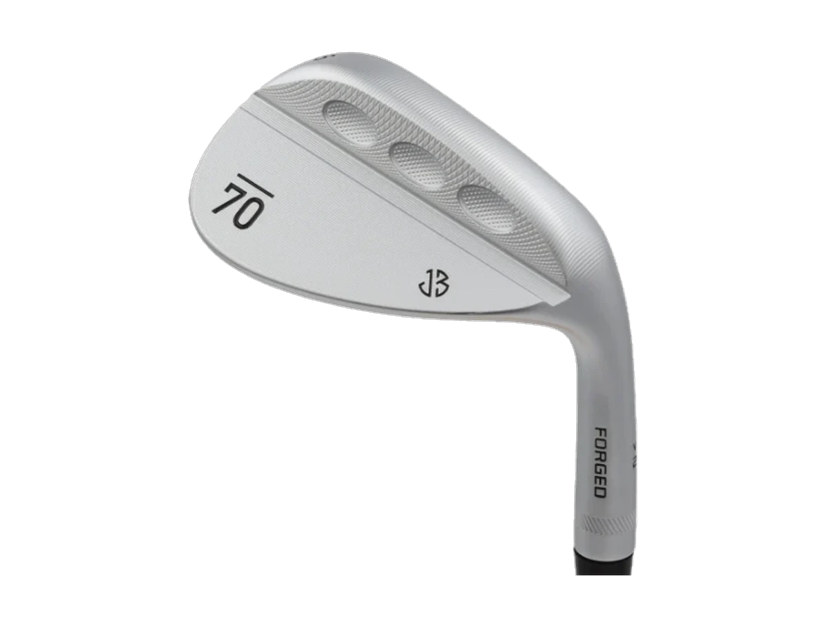 Sub 70 JB v2 wedge i satinfinish, klubbhuvud sett från tån med tre portar i baksidan och JB-märkning